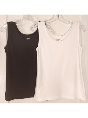 Two Lands End 100% Cotton Scoop Neck Tank Tops Solid White Solid Black